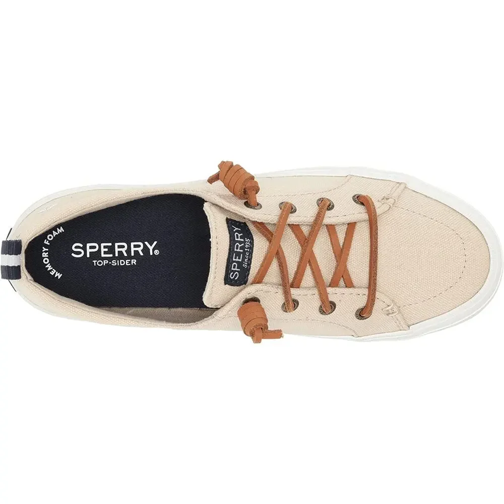 SPERRY Crest Vibe Oat Beige Linen Sneaker Cowhide Leather Laces ~ Women's Size 8